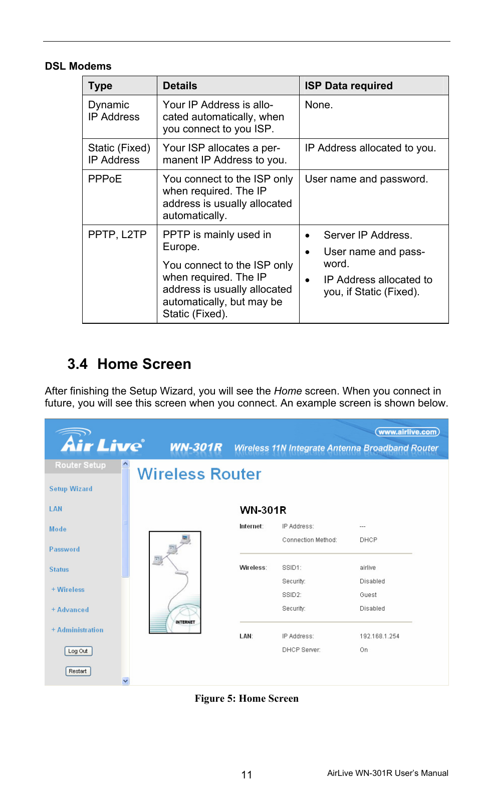 4 home screen, Home screen | AirLive WN-301R User Manual | Page 17 / 110