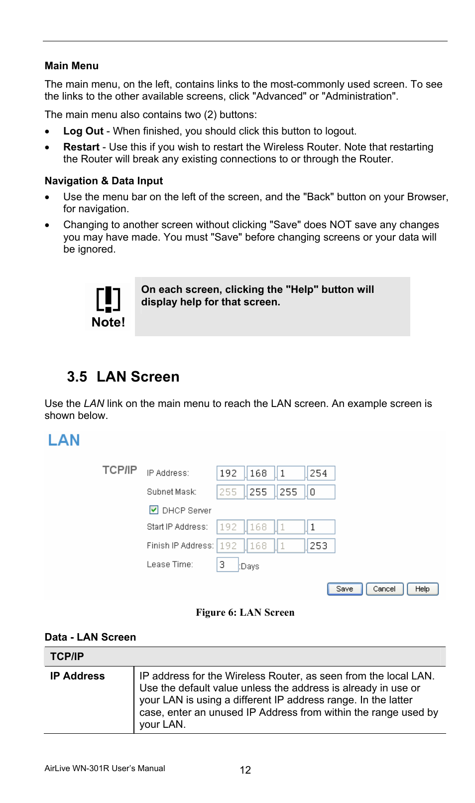 Main menu, Navigation & data input, 5 lan screen | Data - lan screen, Lan screen | AirLive WN-301R User Manual | Page 18 / 110