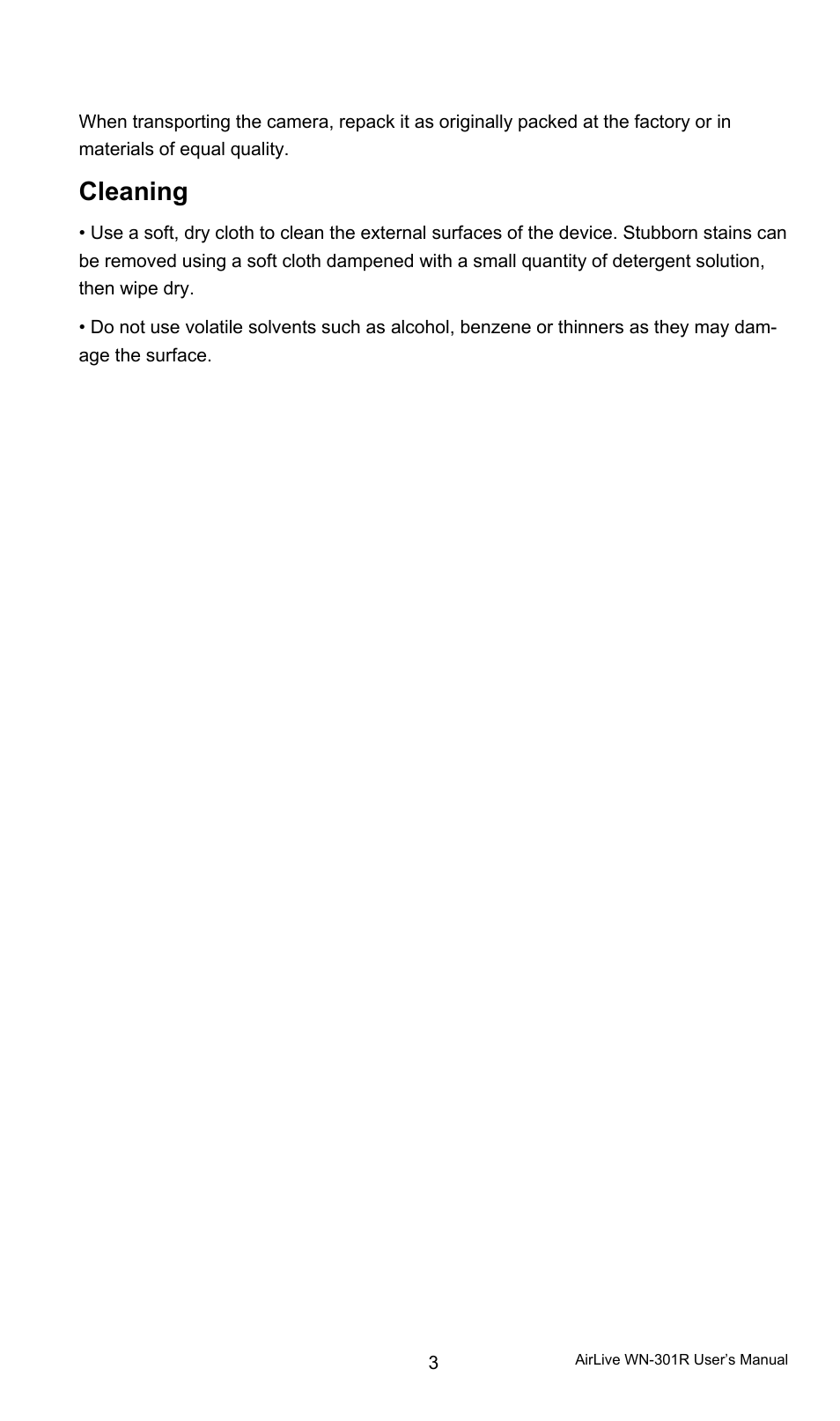 Cleaning | AirLive WN-301R User Manual | Page 3 / 110