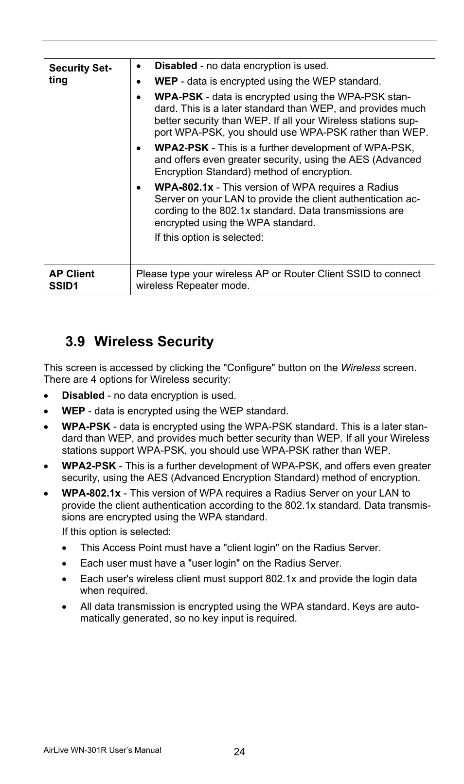 9 wireless security, Wireless security | AirLive WN-301R User Manual | Page 30 / 110
