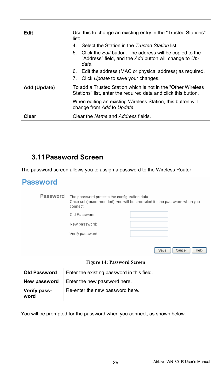11 password screen, Password screen | AirLive WN-301R User Manual | Page 35 / 110