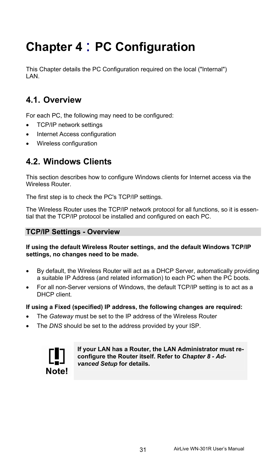 Chapter 4 : pc configuration, Overview, Windows clients | Tcp/ip settings - overview, Chapter 4, Pc configuration | AirLive WN-301R User Manual | Page 37 / 110
