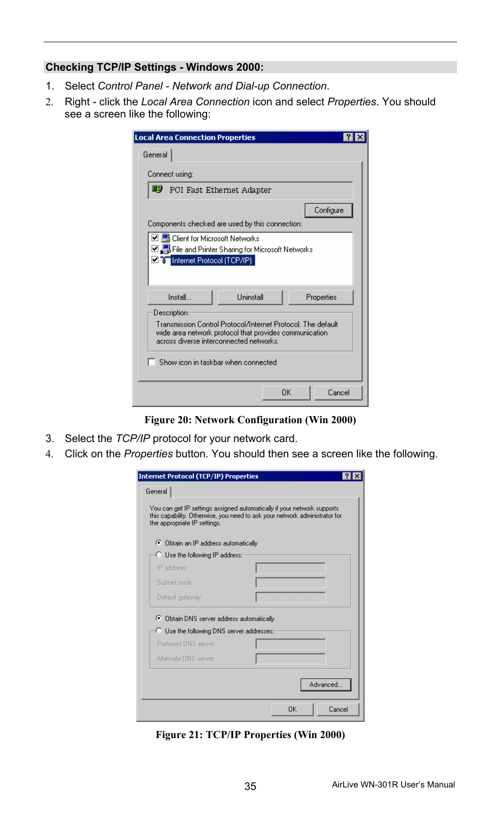 Checking tcp/ip settings - windows 2000 | AirLive WN-301R User Manual | Page 41 / 110