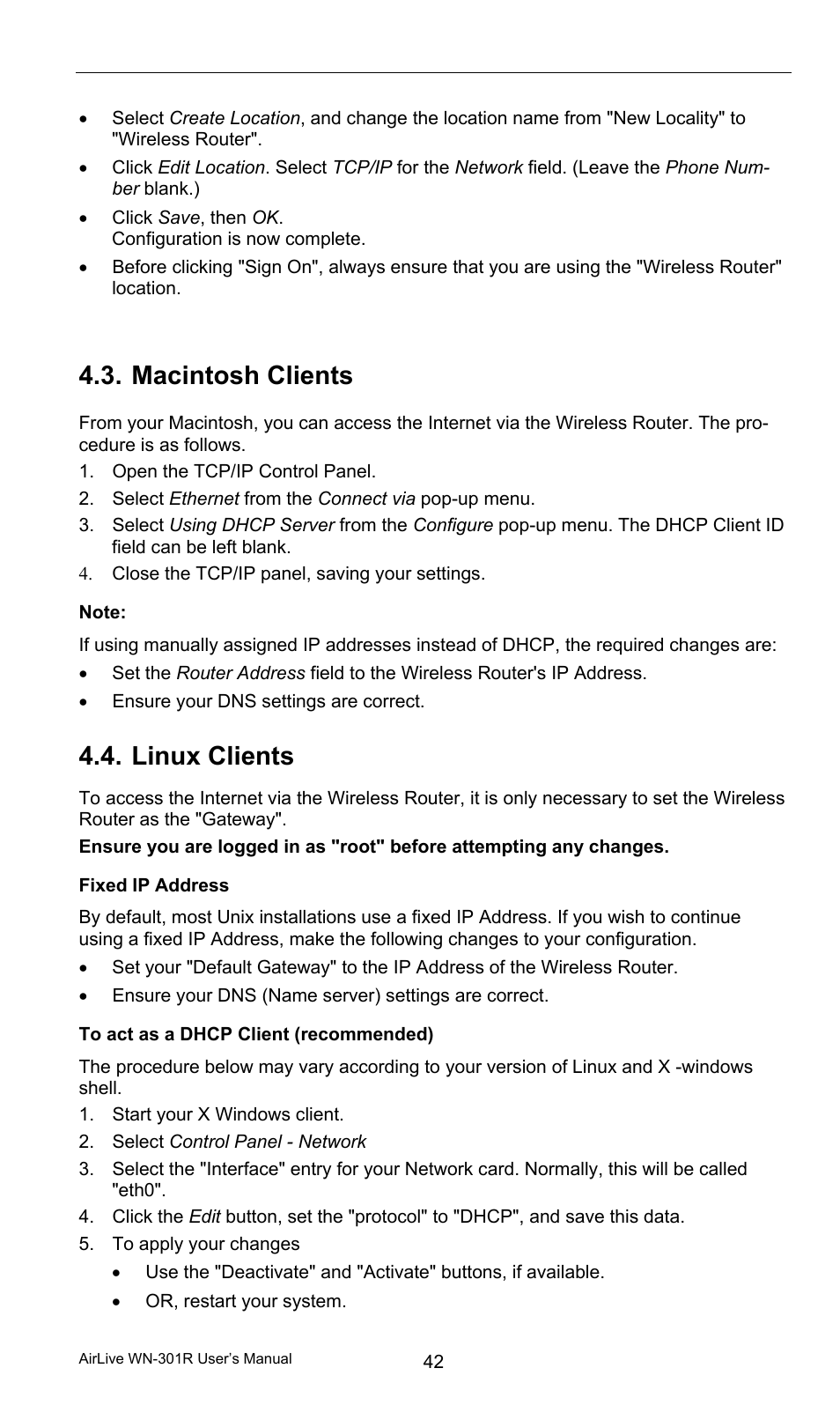 Macintosh clients, Linux clients | AirLive WN-301R User Manual | Page 48 / 110