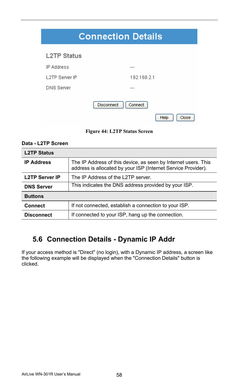 Data - l2tp screen, 6 connection details - dynamic ip address, Connection details - dynamic ip address | 6 connection details - dynamic ip addr ess | AirLive WN-301R User Manual | Page 64 / 110