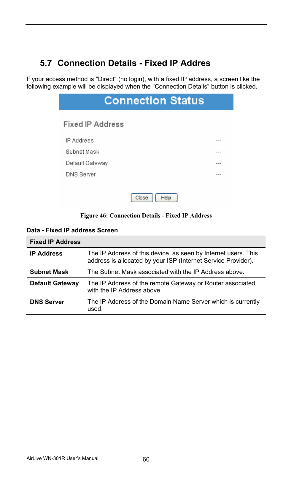 7 connection details - fixed ip address, Data - fixed ip address screen, Connection details - fixed ip address | 7 connection details - fixed ip addres s | AirLive WN-301R User Manual | Page 66 / 110