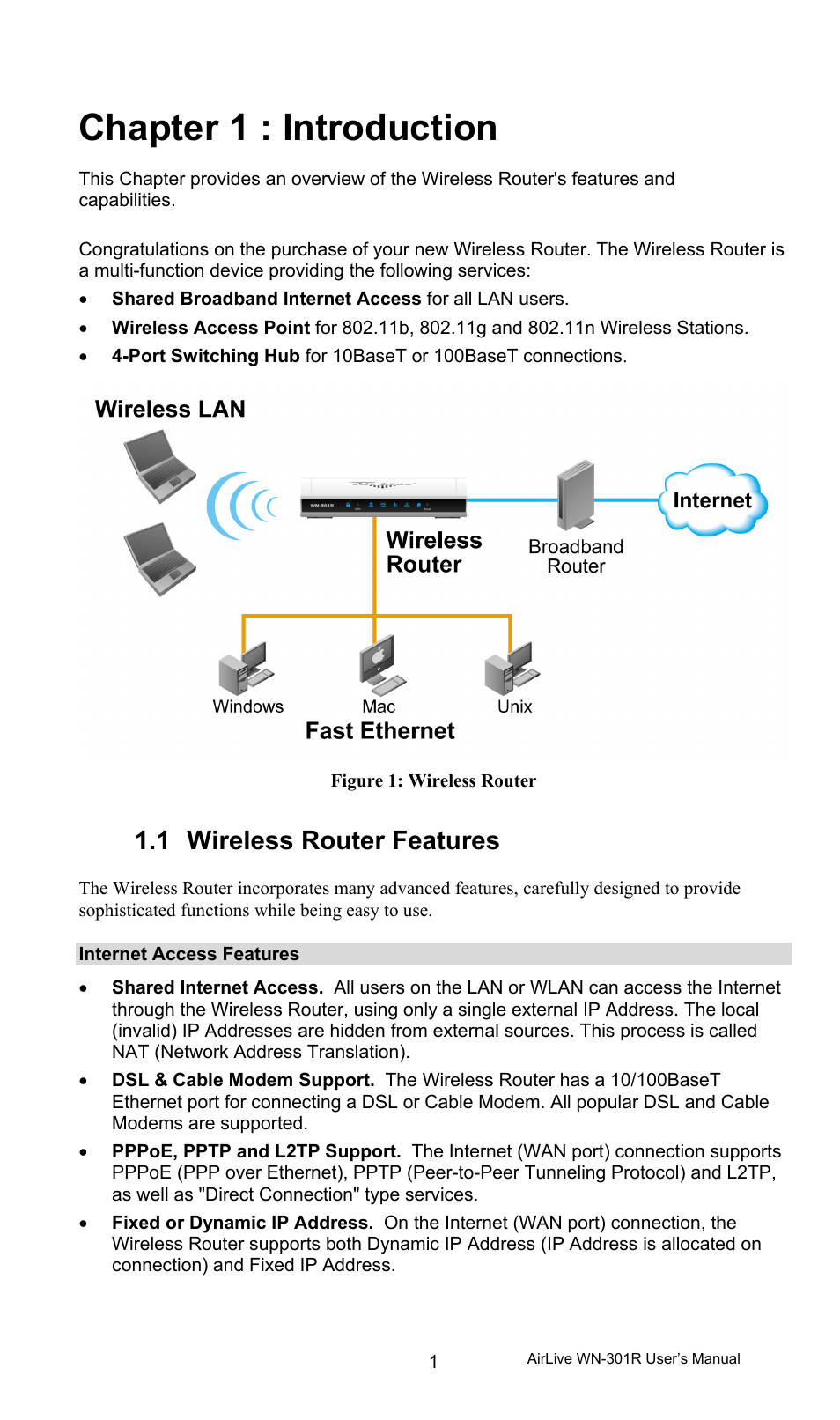 Chapter 1 : introduction, 1 wireless router features, Internet access features | Wireless router features | AirLive WN-301R User Manual | Page 7 / 110