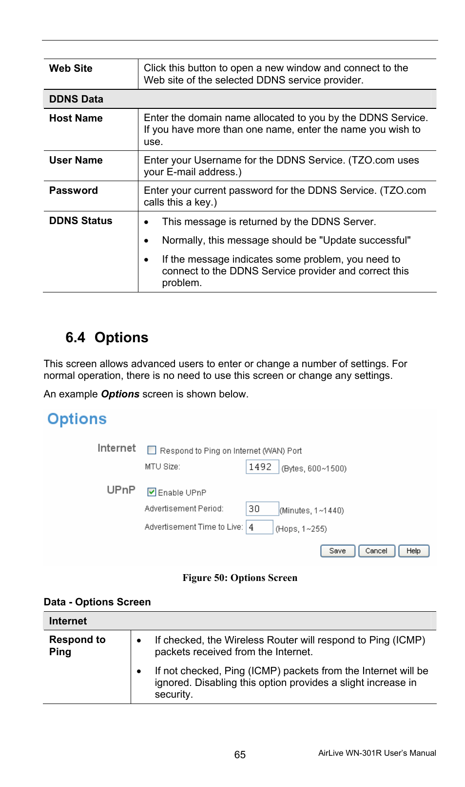 4 options, Data - options screen, Options | AirLive WN-301R User Manual | Page 71 / 110