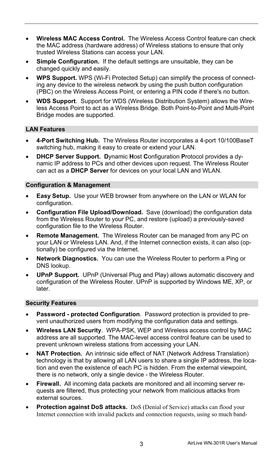 Lan features, Configuration & management, Security features | AirLive WN-301R User Manual | Page 9 / 110