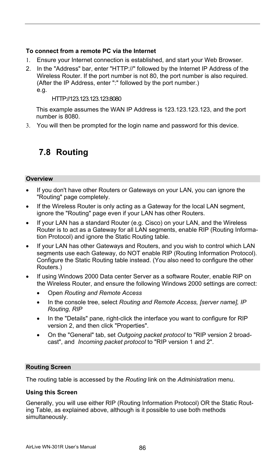 8 routing, Overview, Routing screen | Using this screen, Routing | AirLive WN-301R User Manual | Page 92 / 110