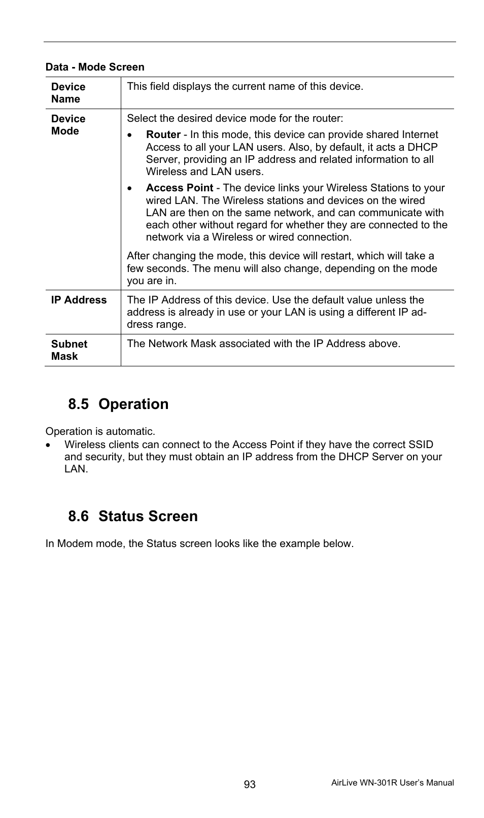 Data - mode screen, 5 operation, 6 status screen | Operation, Status screen | AirLive WN-301R User Manual | Page 99 / 110