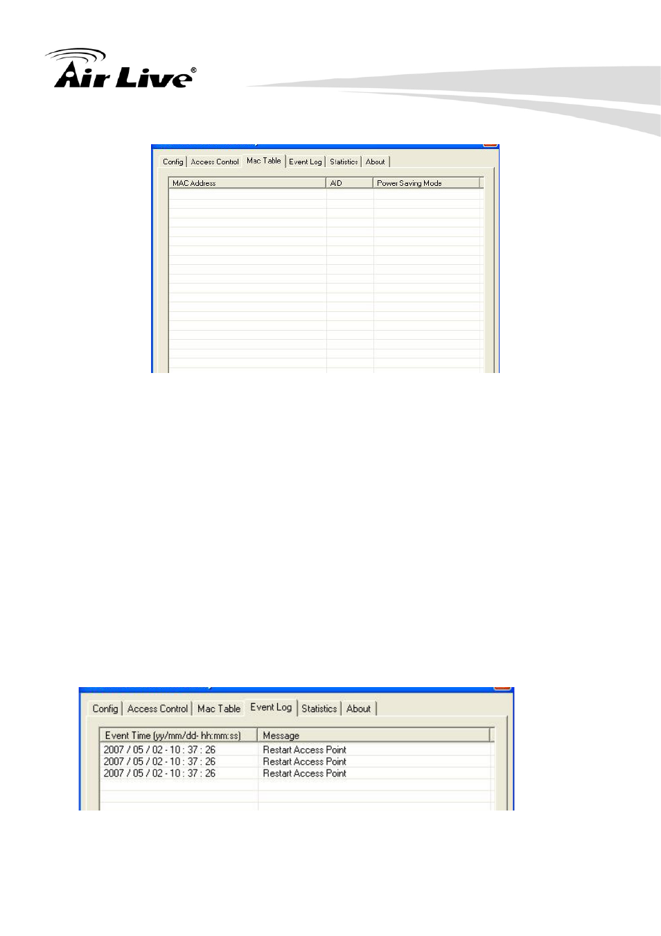 4 mac table, 5 event log, 4 mac | Table | AirLive WN-301USB User Manual | Page 49 / 71