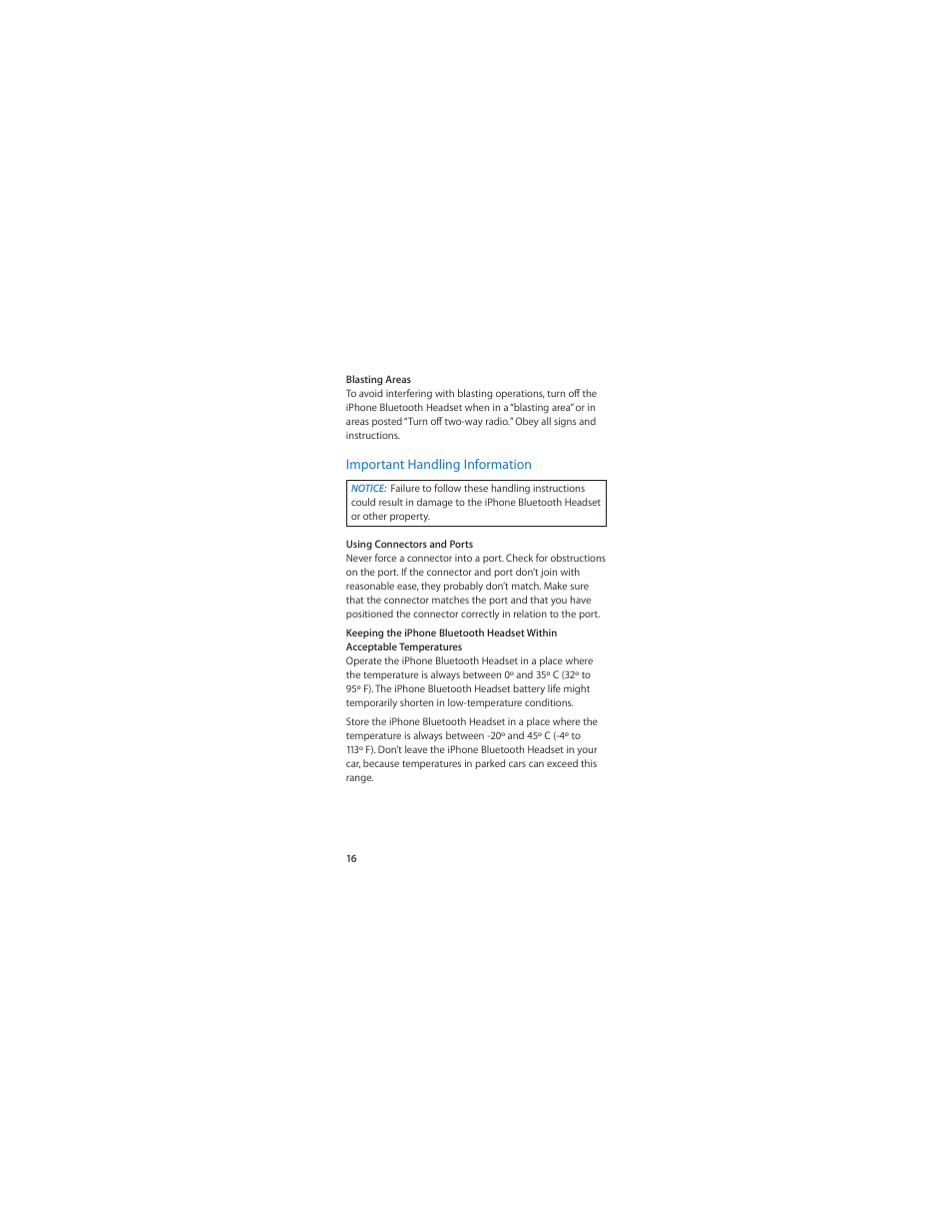 Important handling information | Apple Bluetooth Headset User Manual | Page 16 / 20