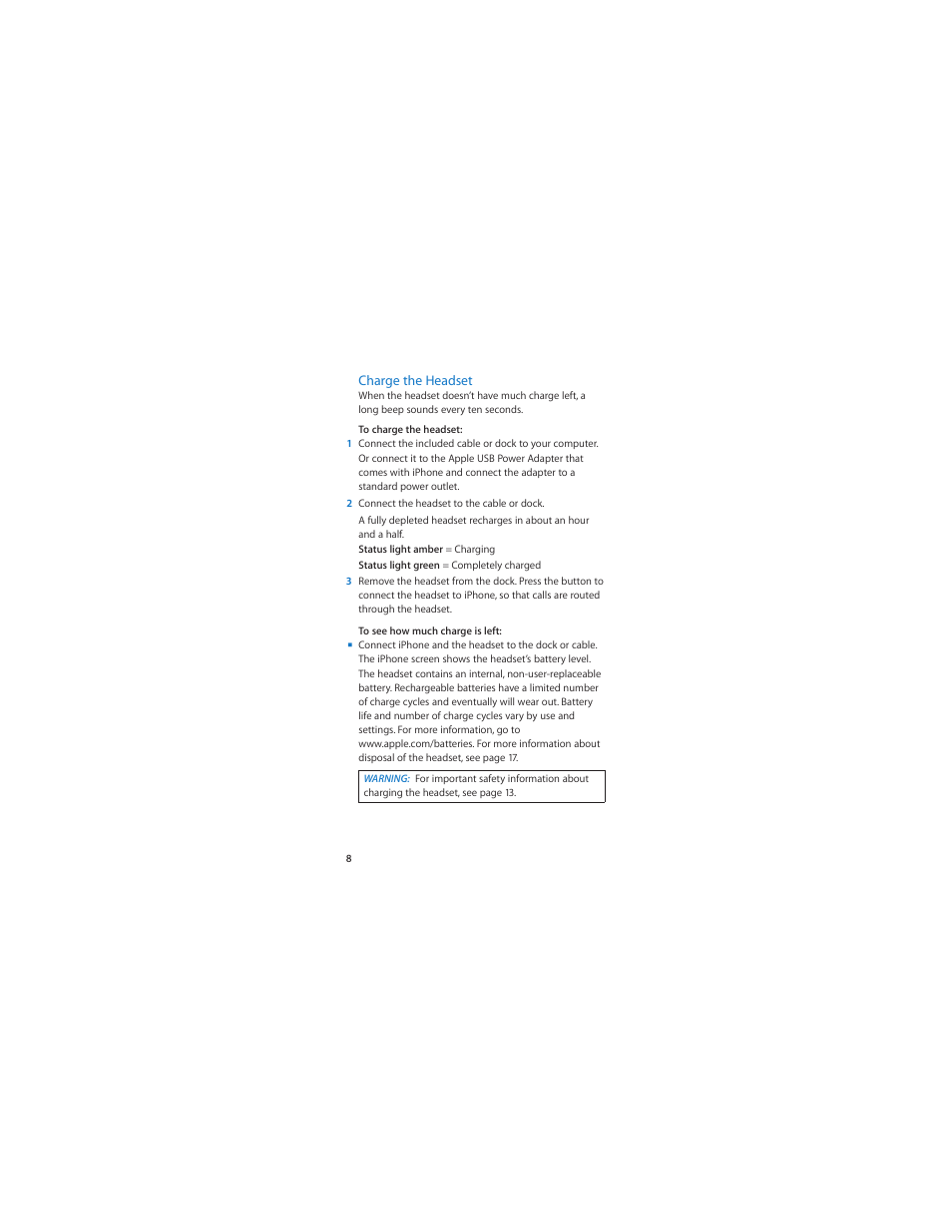 Charge the headset | Apple Bluetooth Headset User Manual | Page 8 / 20
