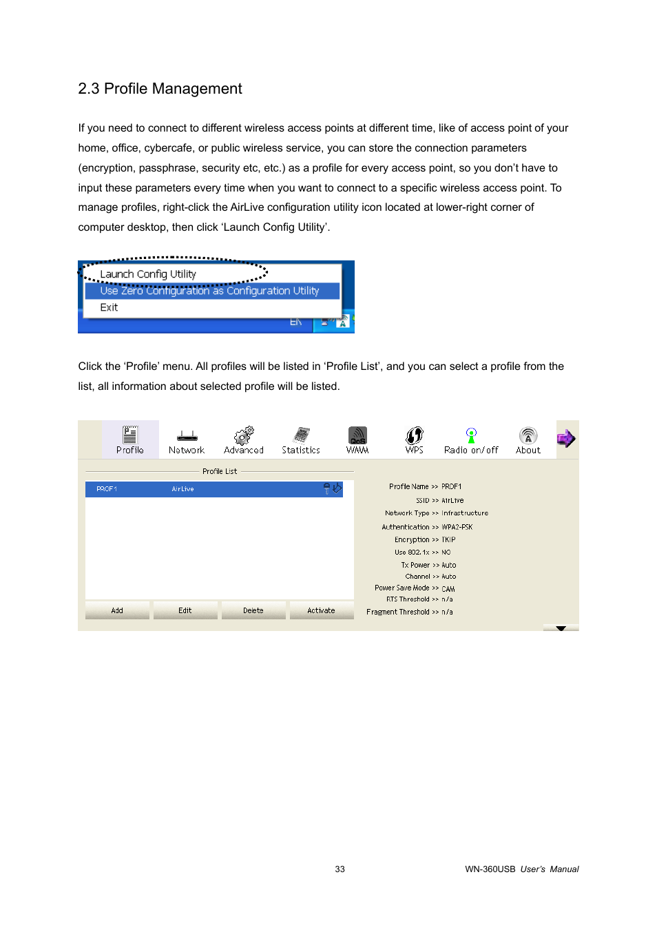 3 profile management | AirLive WN-360USB User Manual | Page 38 / 62