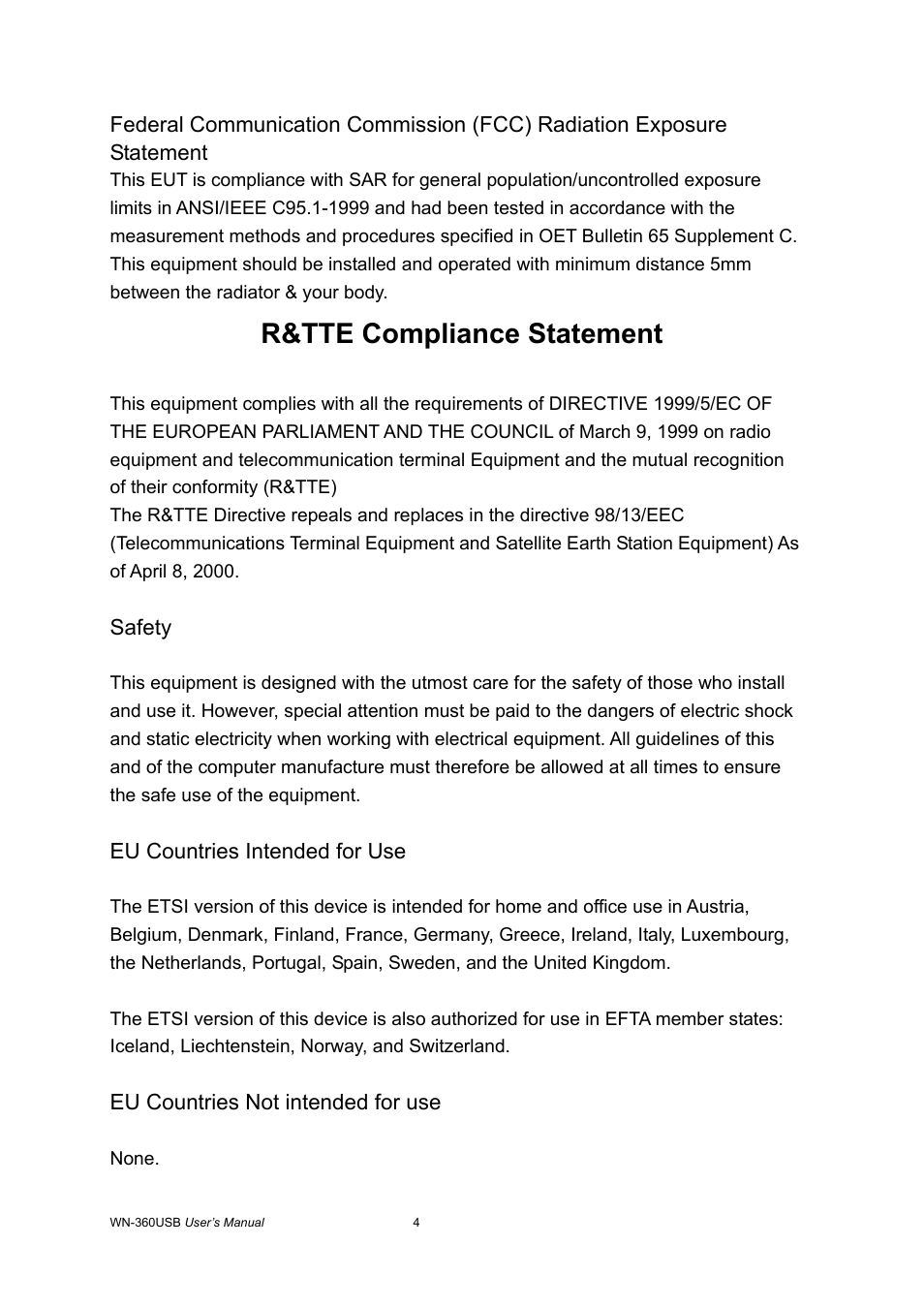 R&tte compliance statement | AirLive WN-360USB User Manual | Page 4 / 62