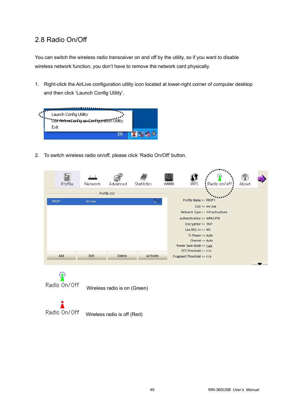 8 radio on/off | AirLive WN-360USB User Manual | Page 54 / 62