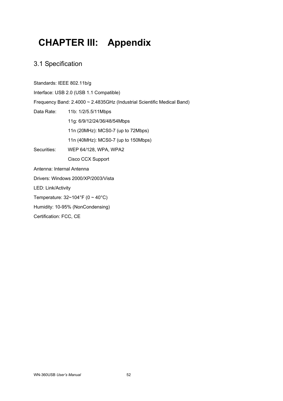 Chapter iii: appendix, 1 specification | AirLive WN-360USB User Manual | Page 57 / 62