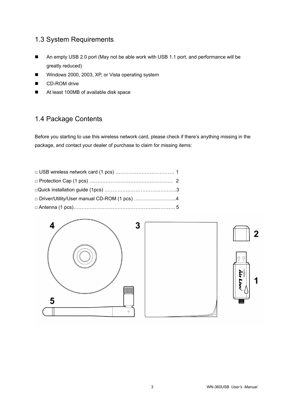 3 system requirements, 4 package contents | AirLive WN-360USB User Manual | Page 8 / 62