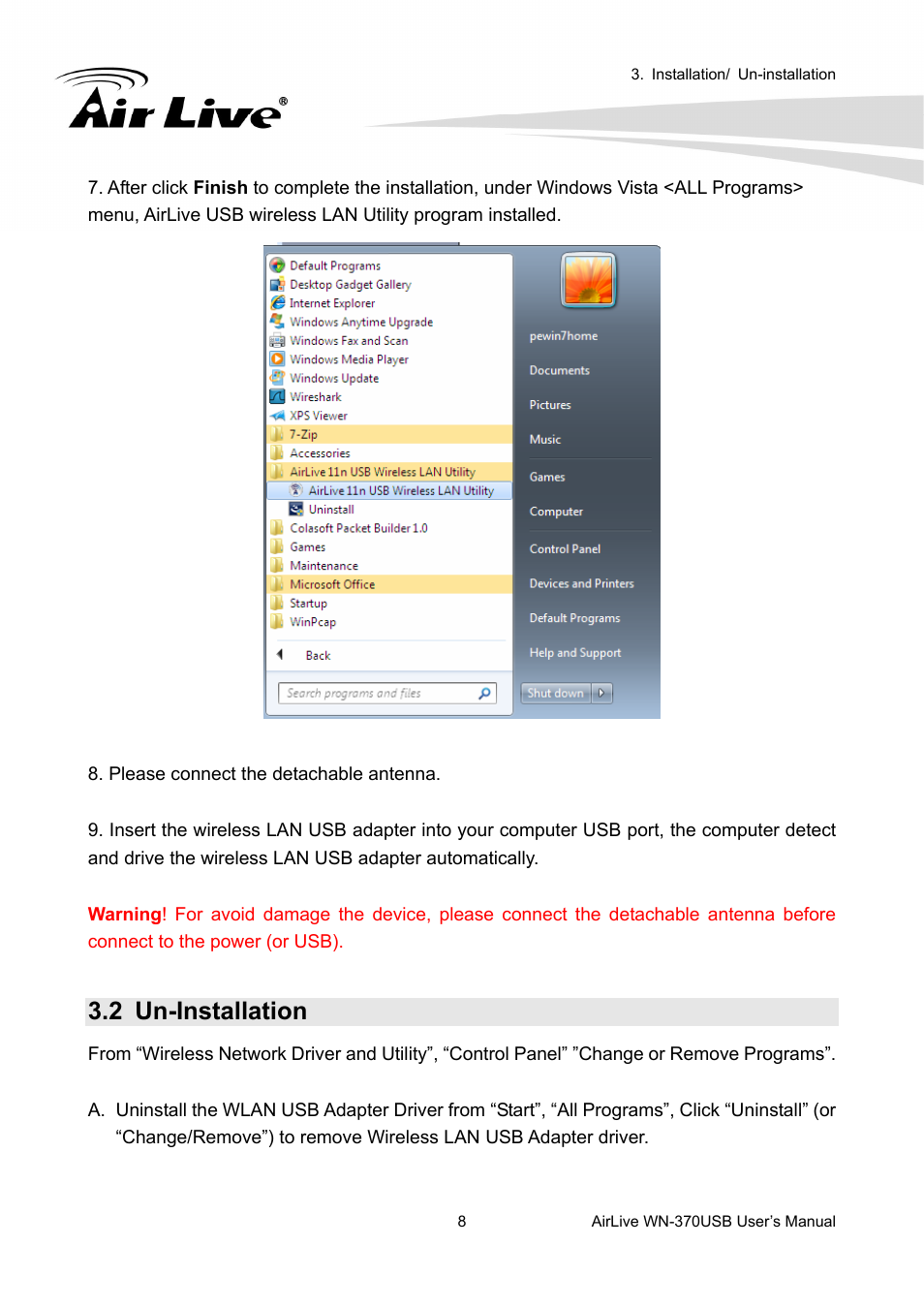 2 un-installation | AirLive WN-370USB User Manual | Page 12 / 40