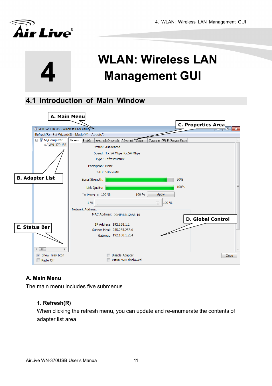 Wlan: wireless lan management gui, 1 introduction of main window | AirLive WN-370USB User Manual | Page 15 / 40