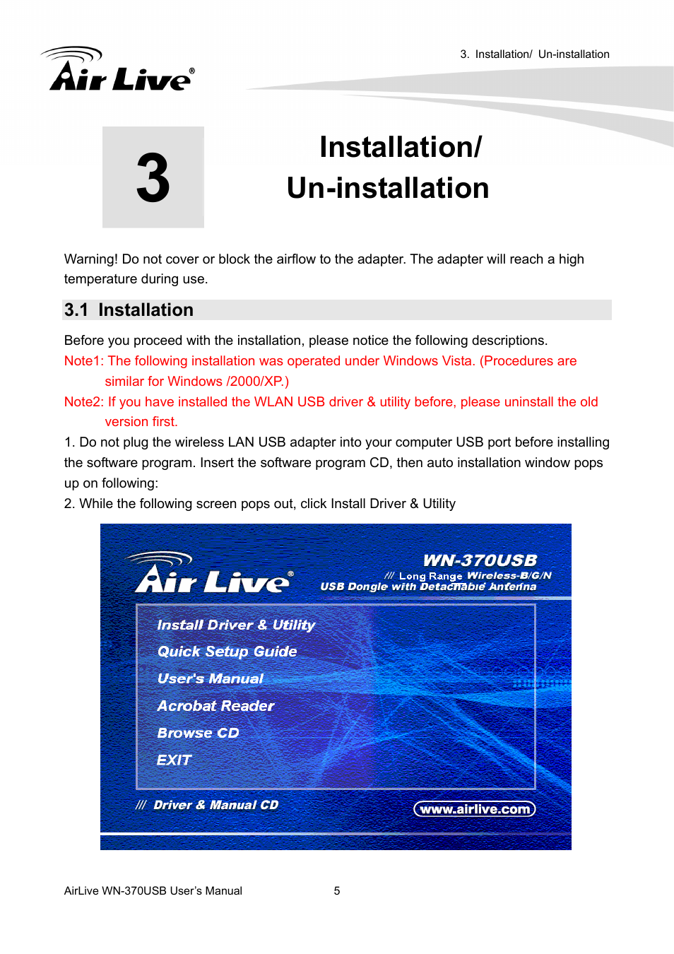 Installation/ un-installation, 1 installation | AirLive WN-370USB User Manual | Page 9 / 40