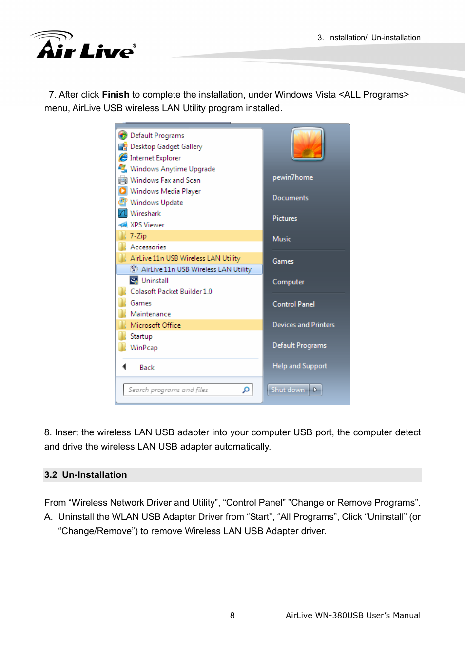 2 un-installation | AirLive WN-380USB User Manual | Page 12 / 42