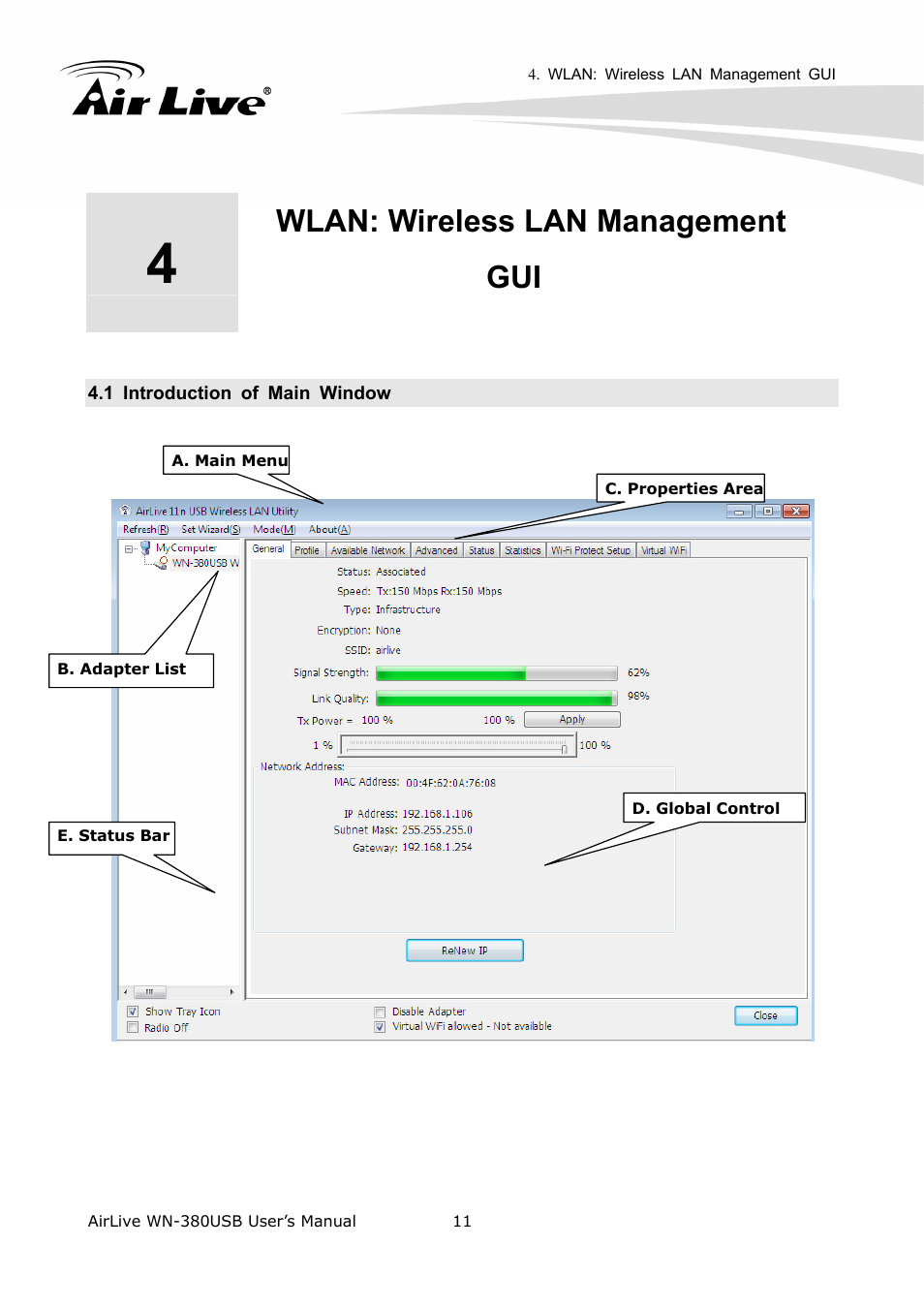 Wlan: wireless lan management gui, 1 introduction of main window | AirLive WN-380USB User Manual | Page 15 / 42