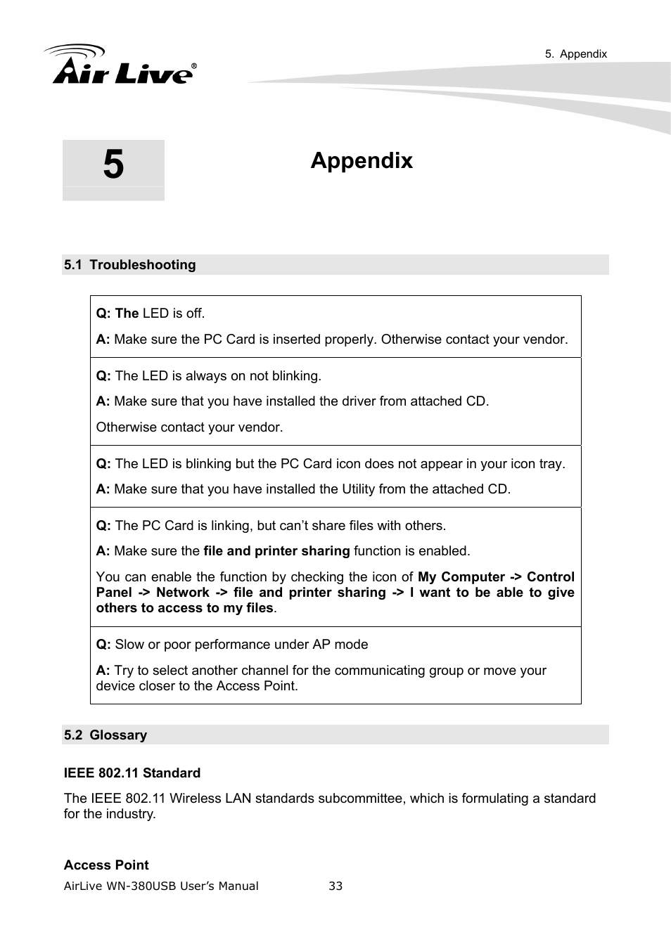 Appendix, 1 troubleshooting, 2 glossary | AirLive WN-380USB User Manual | Page 37 / 42