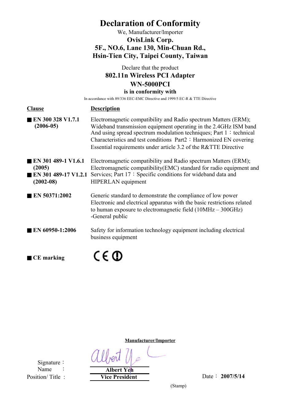 Sheet1, Declaration of conformity | AirLive WN-5000PCI User Manual | Page 2 / 50