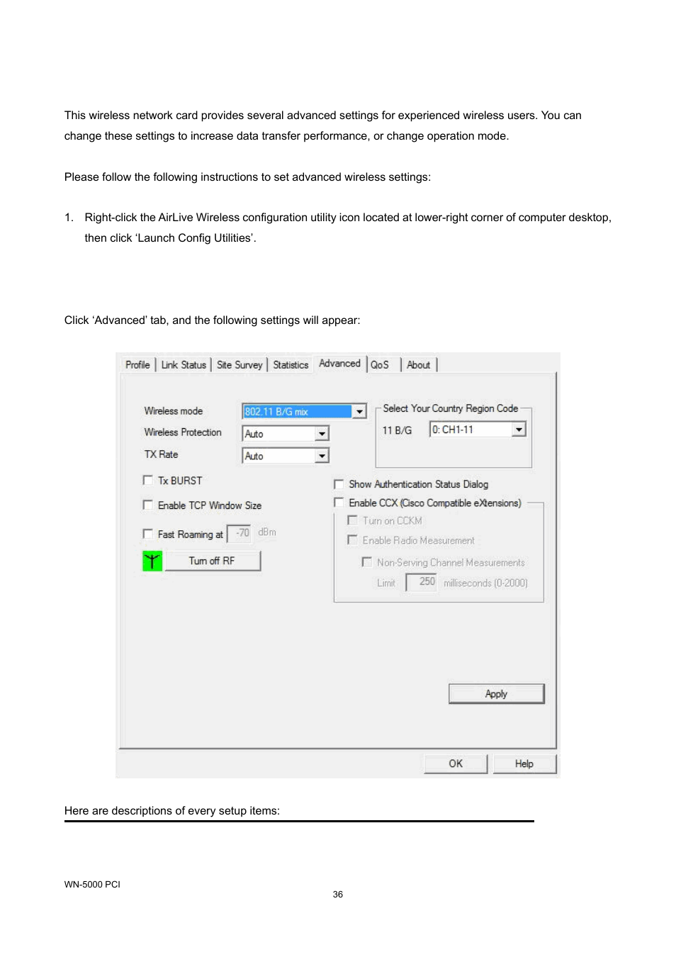 5 advanced settings, Advanced settings | AirLive WN-5000PCI User Manual | Page 39 / 50