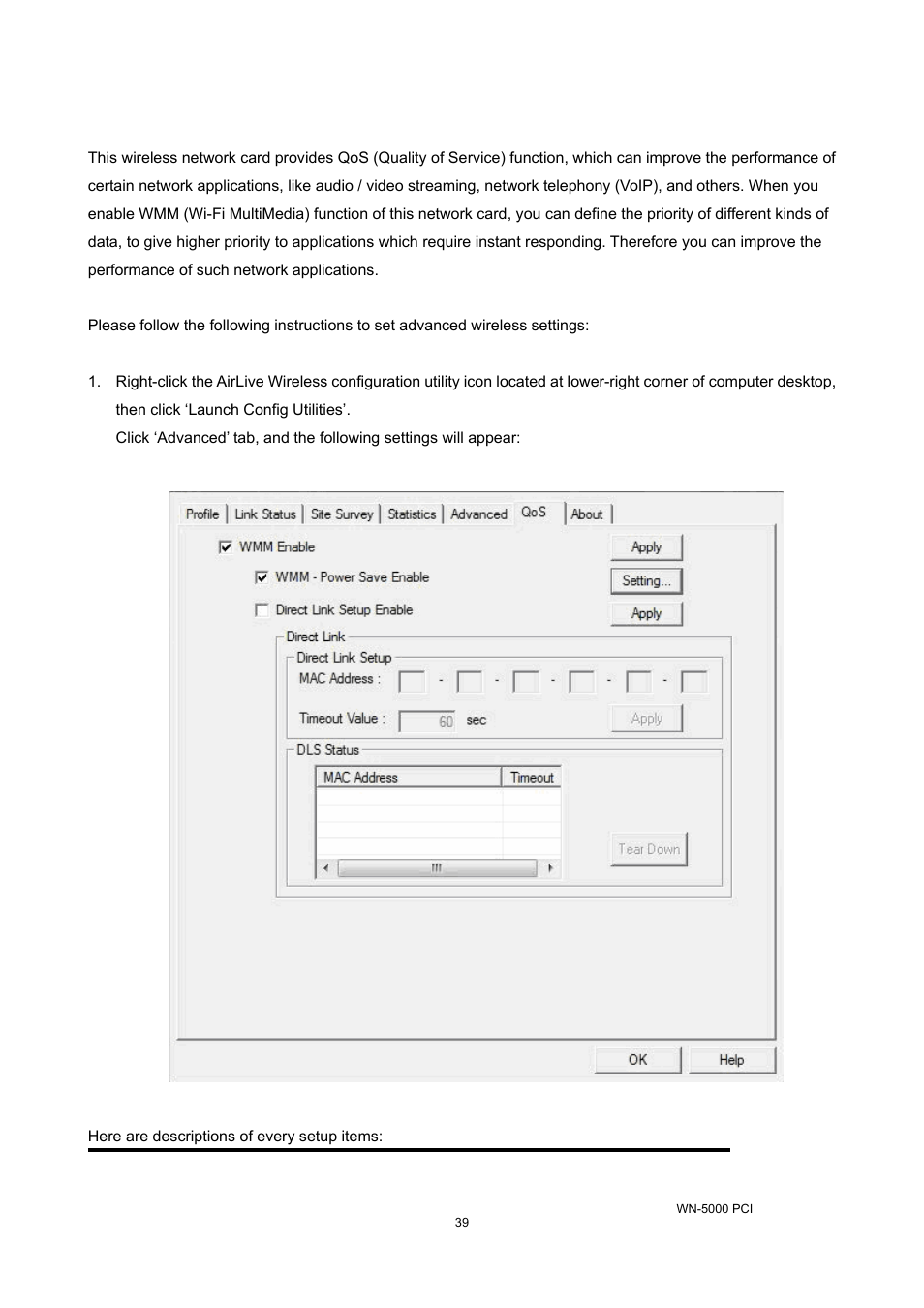 6 qos setting, Qos setting | AirLive WN-5000PCI User Manual | Page 42 / 50