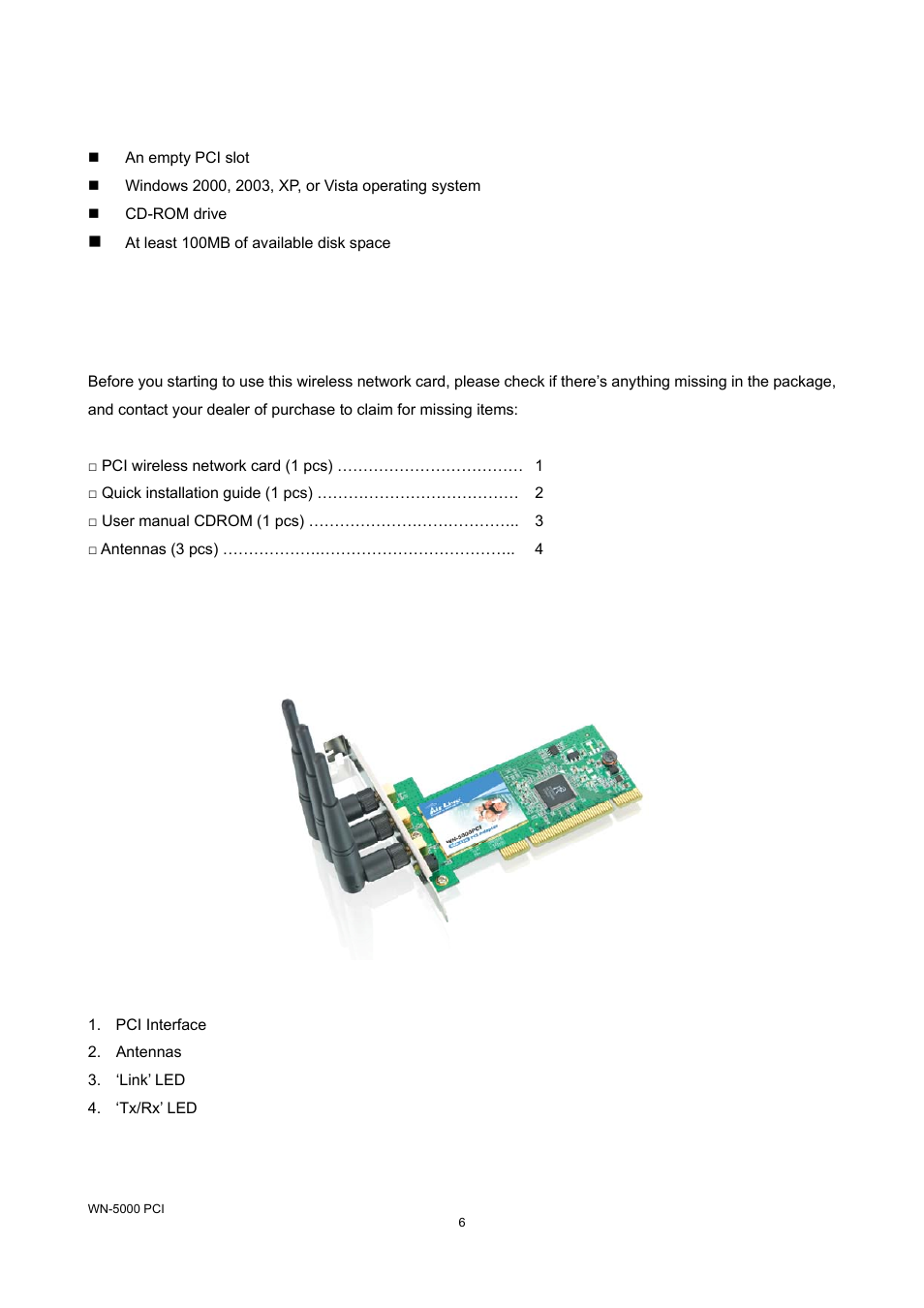 3 system requirements, 4 package contents, 5 familiar with your new wireless network card | AirLive WN-5000PCI User Manual | Page 9 / 50