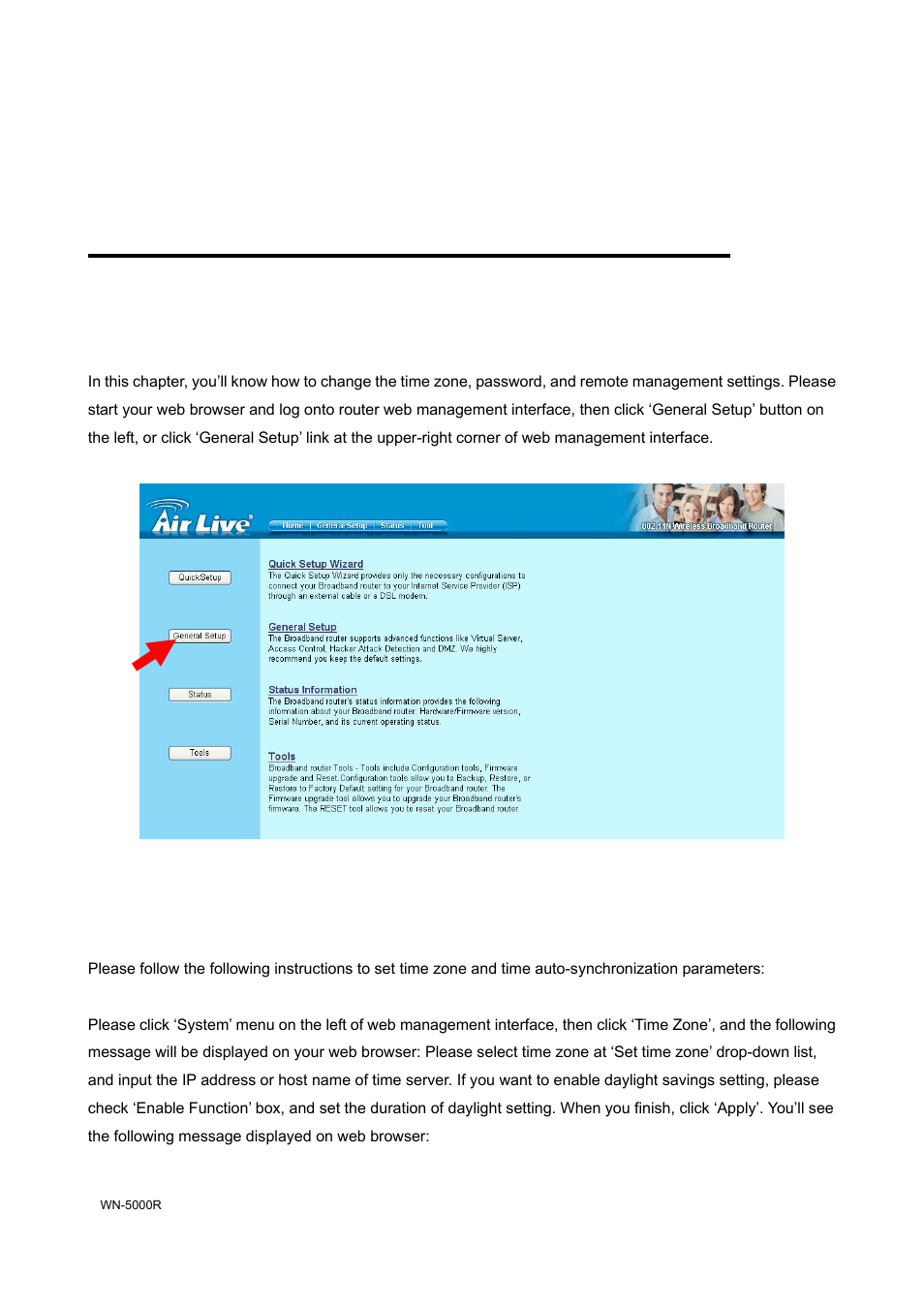 4 basic setup, 4-1 time zone and time auto-synchronization | AirLive WN-5000R User Manual | Page 33 / 107