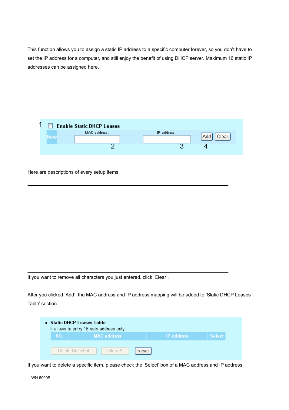 6-3 static dhcp leases table | AirLive WN-5000R User Manual | Page 51 / 107