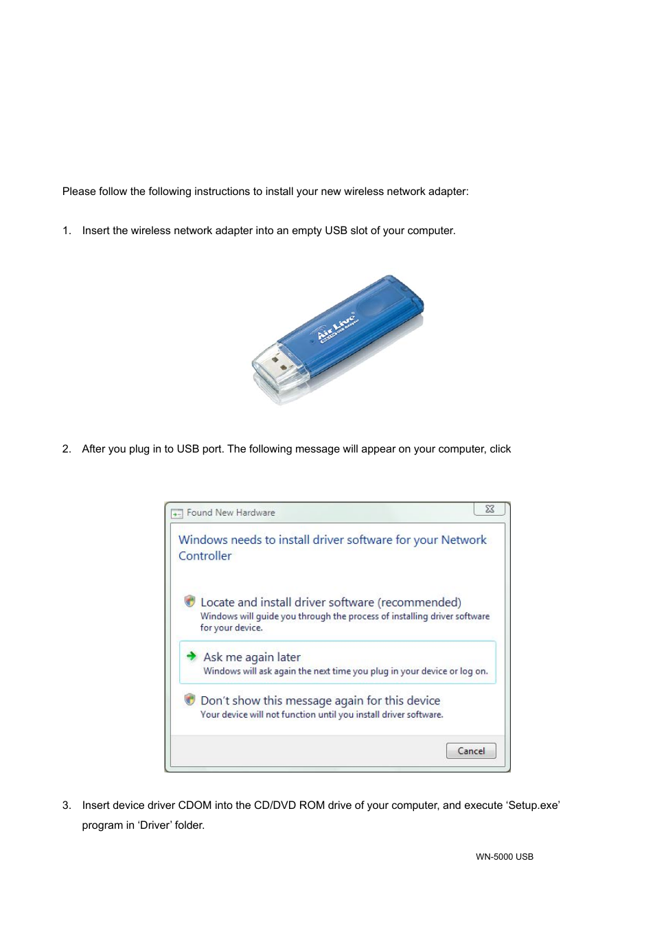 Chapter 2: driver installation and configuration, 1 network adapter installation | AirLive WN-5000R-USB v2 User Manual | Page 10 / 47
