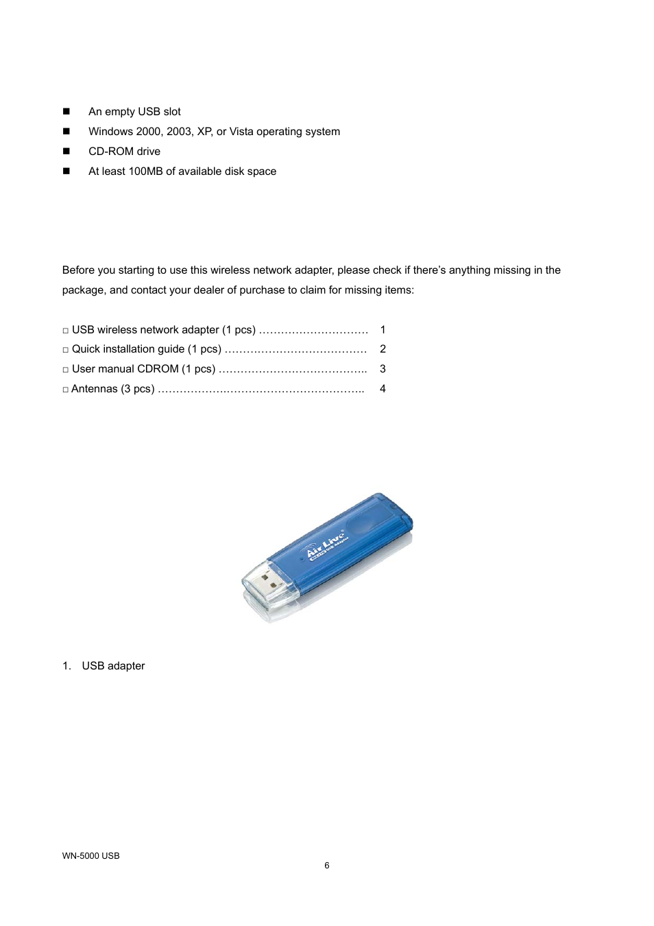 3 system requirements, 4 package contents, 5 familiar with your new wireless network adapter | AirLive WN-5000R-USB v2 User Manual | Page 9 / 47