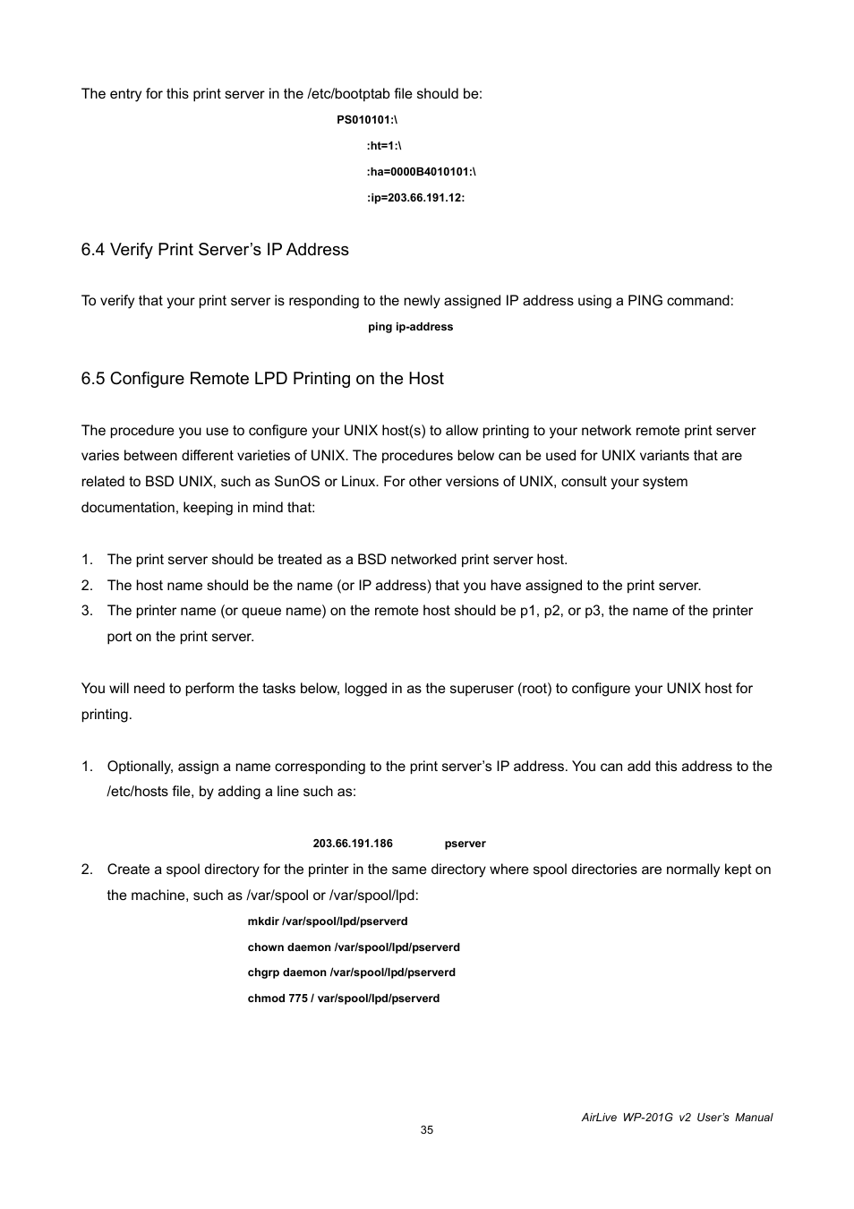 4 verify print server’s ip address, 5 configure remote lpd printing on the host | AirLive WP-201G V2 User Manual | Page 43 / 97