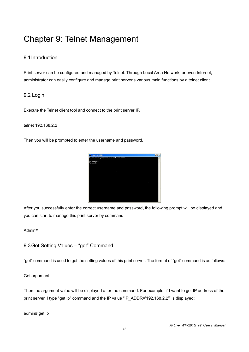 Chapter 9: telnet management | AirLive WP-201G V2 User Manual | Page 81 / 97