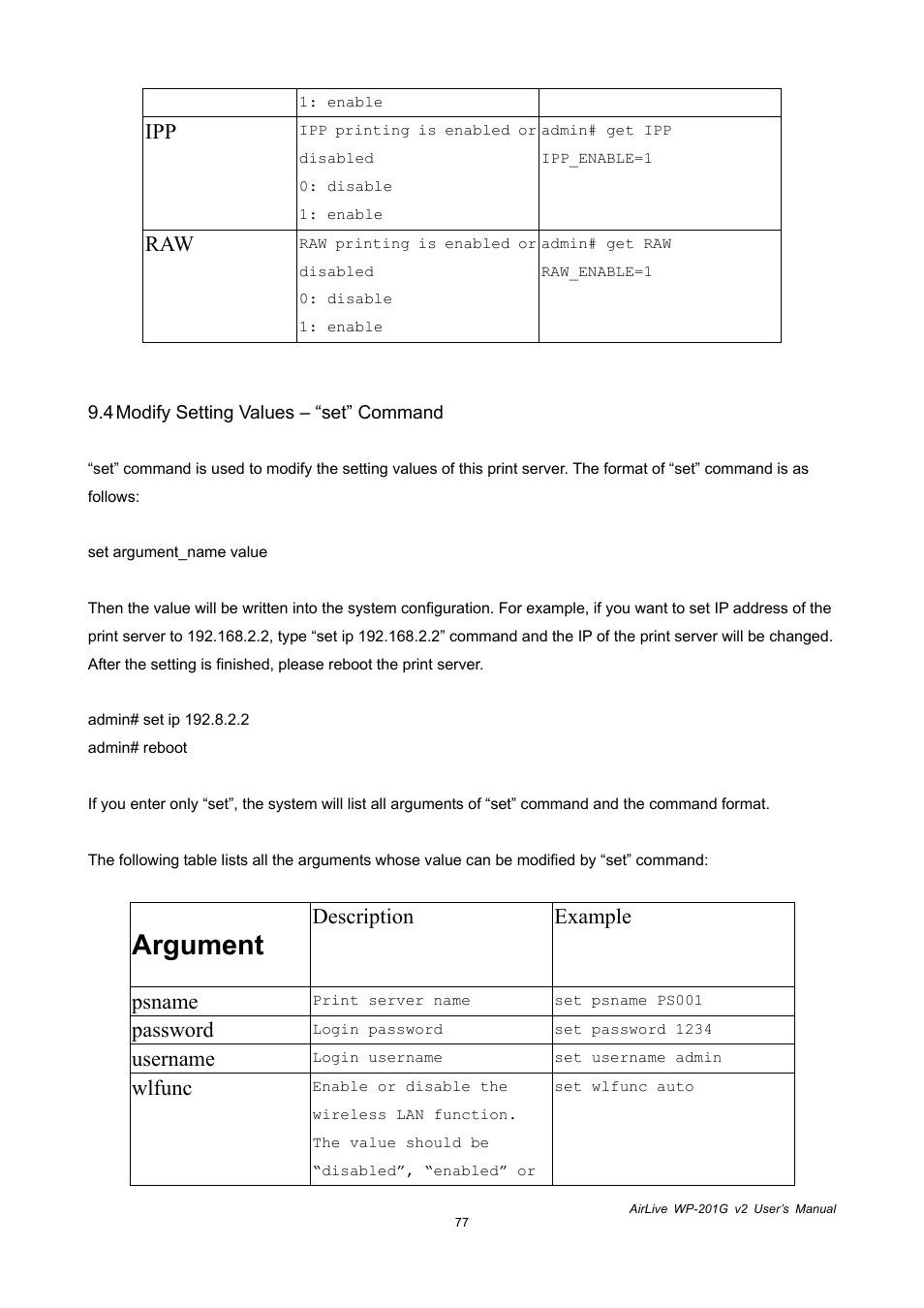 Argument, Description example psname, Password | Username, Wlfunc | AirLive WP-201G V2 User Manual | Page 85 / 97