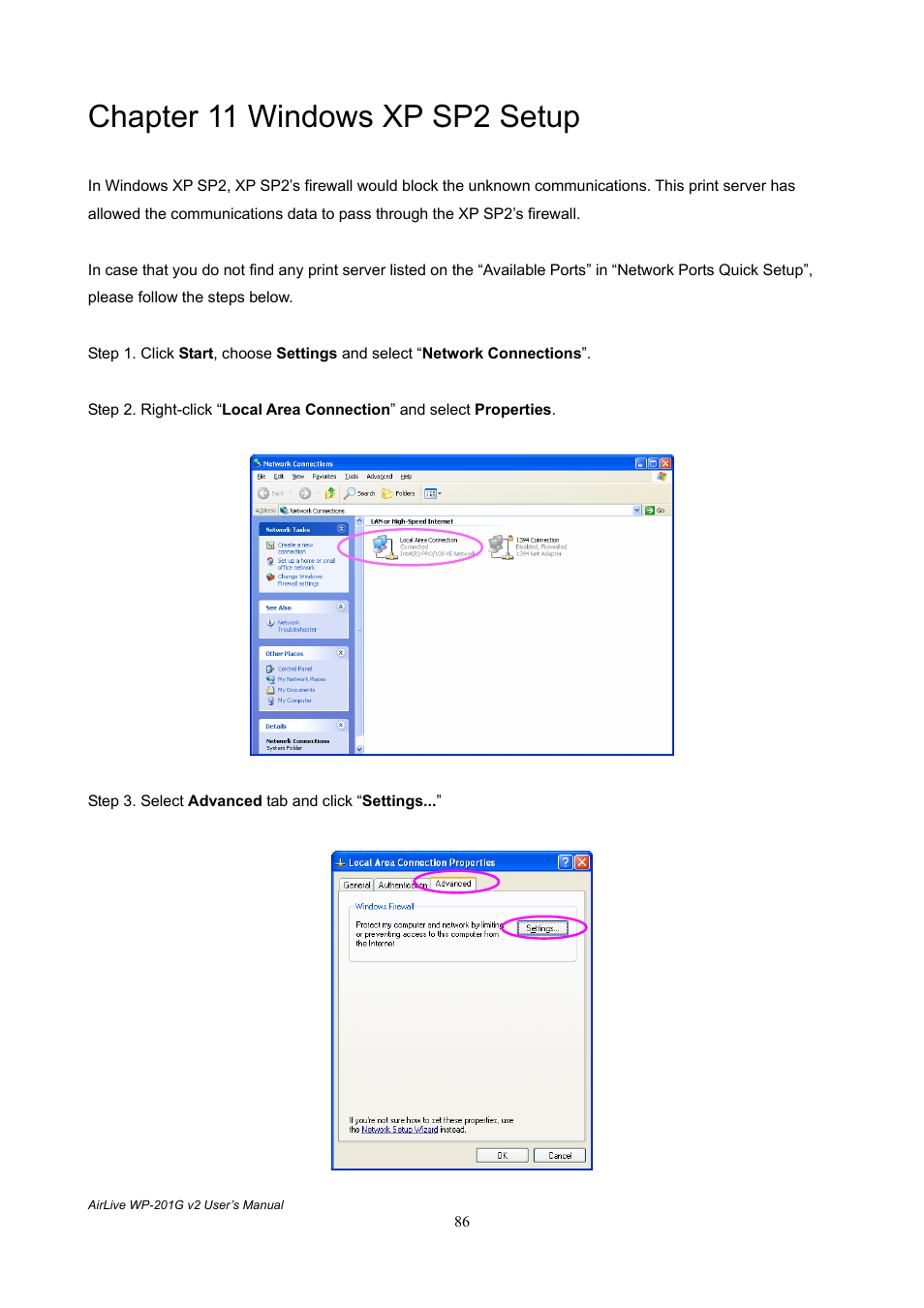 Chapter 11 windows xp sp2 setup | AirLive WP-201G V2 User Manual | Page 94 / 97