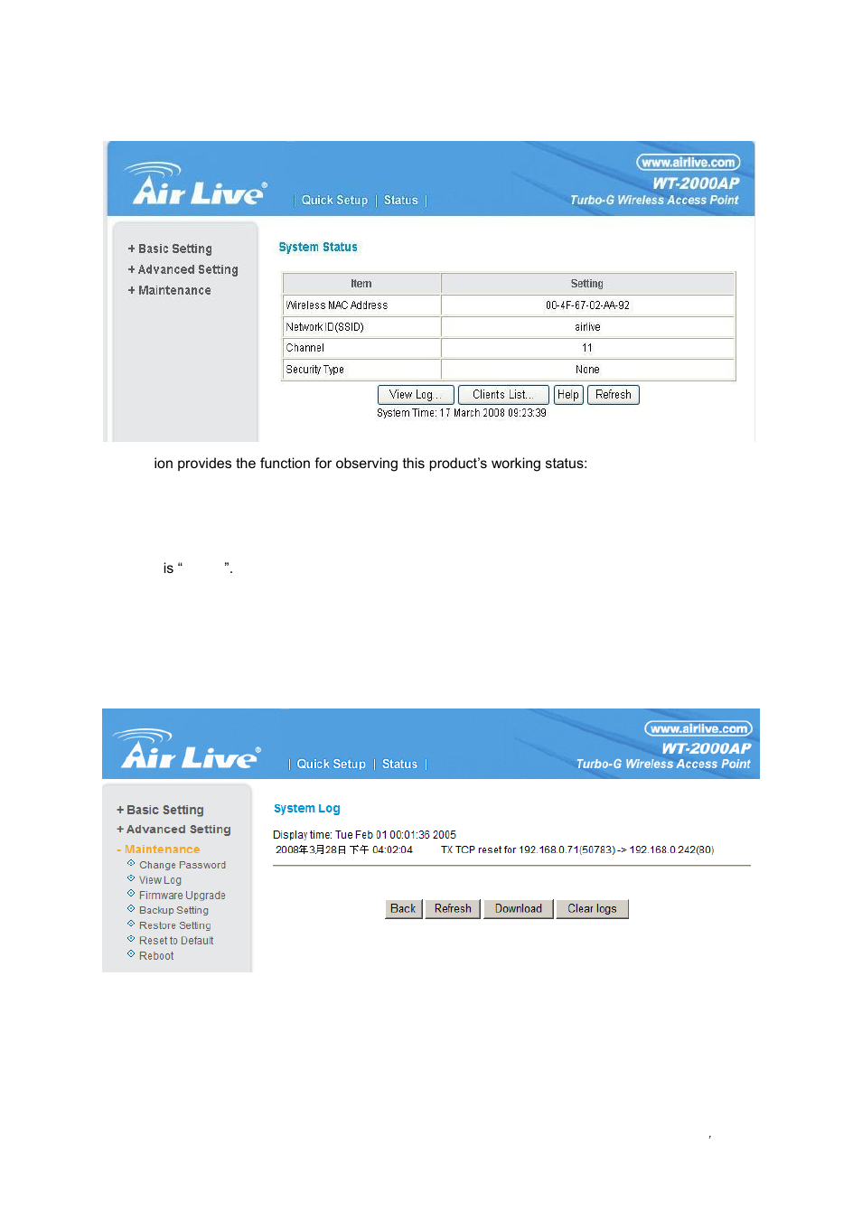 2 status, 3 view log | AirLive WT-2000AP User Manual | Page 11 / 42