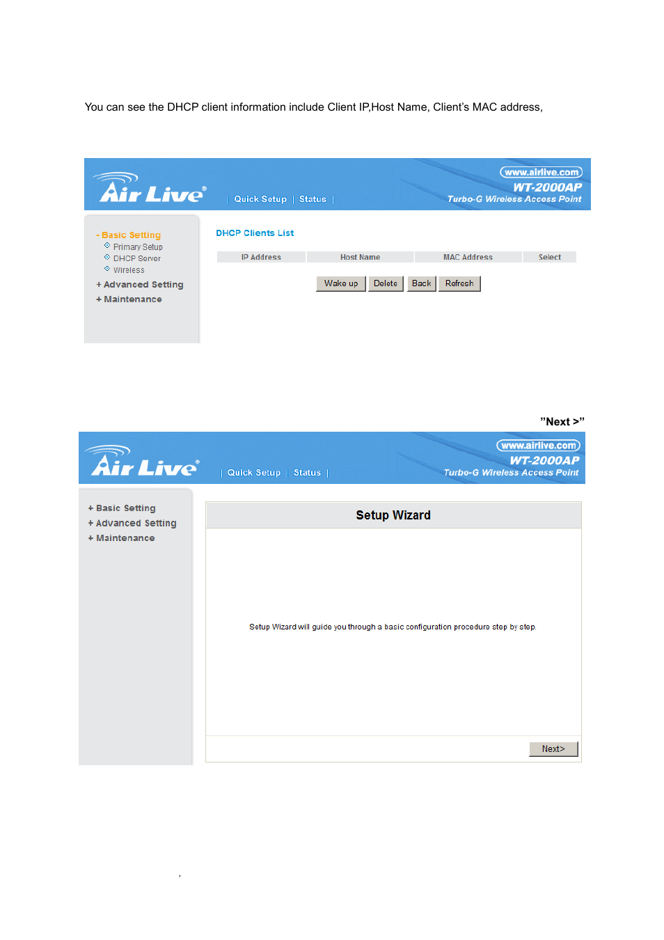 4 client list, 5 wizard | AirLive WT-2000AP User Manual | Page 12 / 42