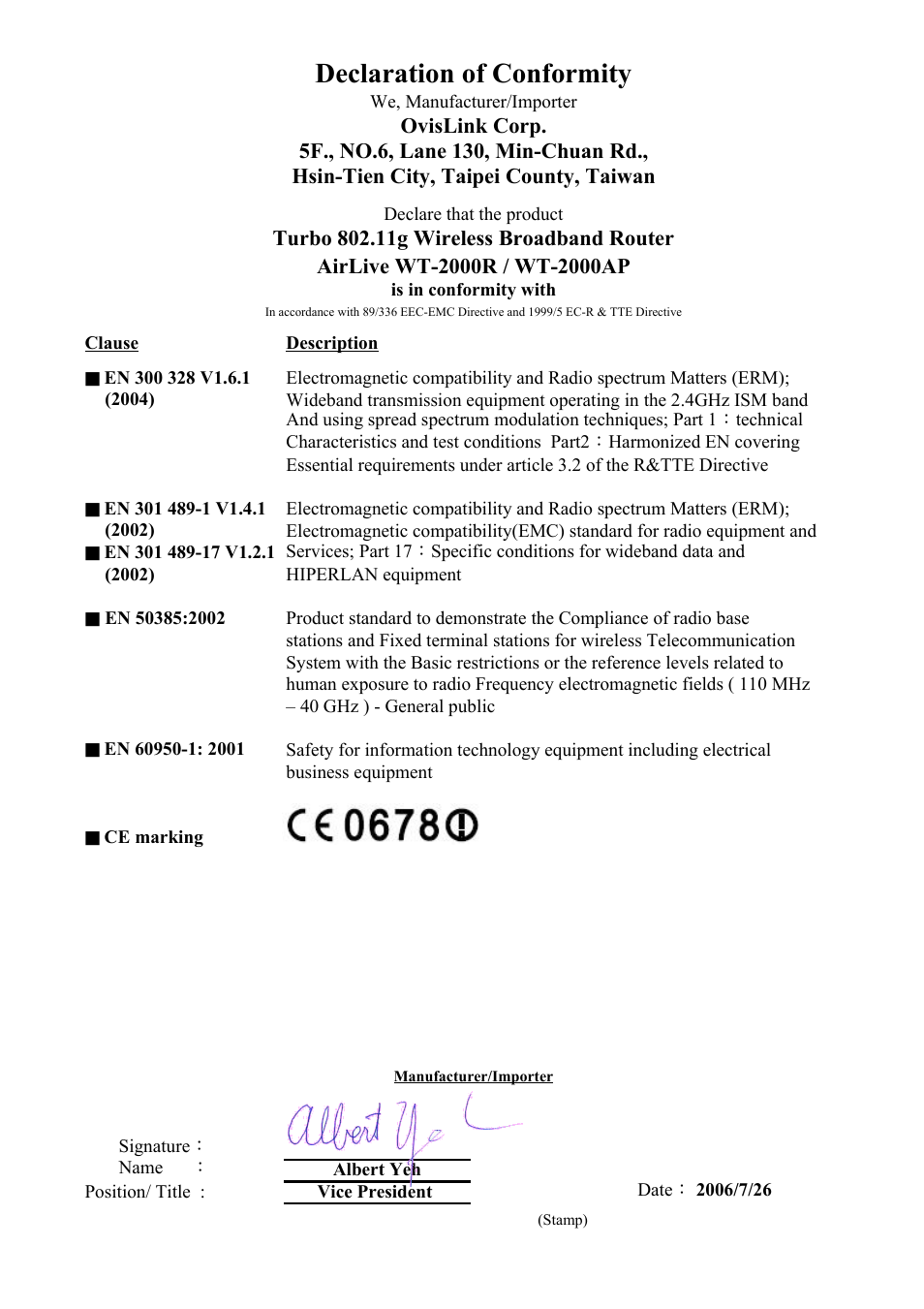 Sheet1, Declaration of conformity | AirLive WT-2000AP User Manual | Page 2 / 42