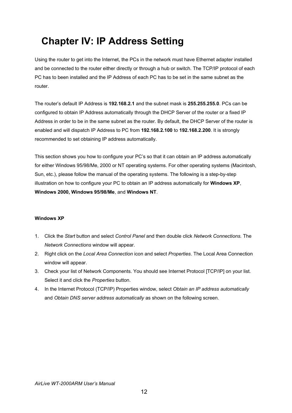 Chapter iv: ip address setting | AirLive WT-2000ARM User Manual | Page 17 / 65