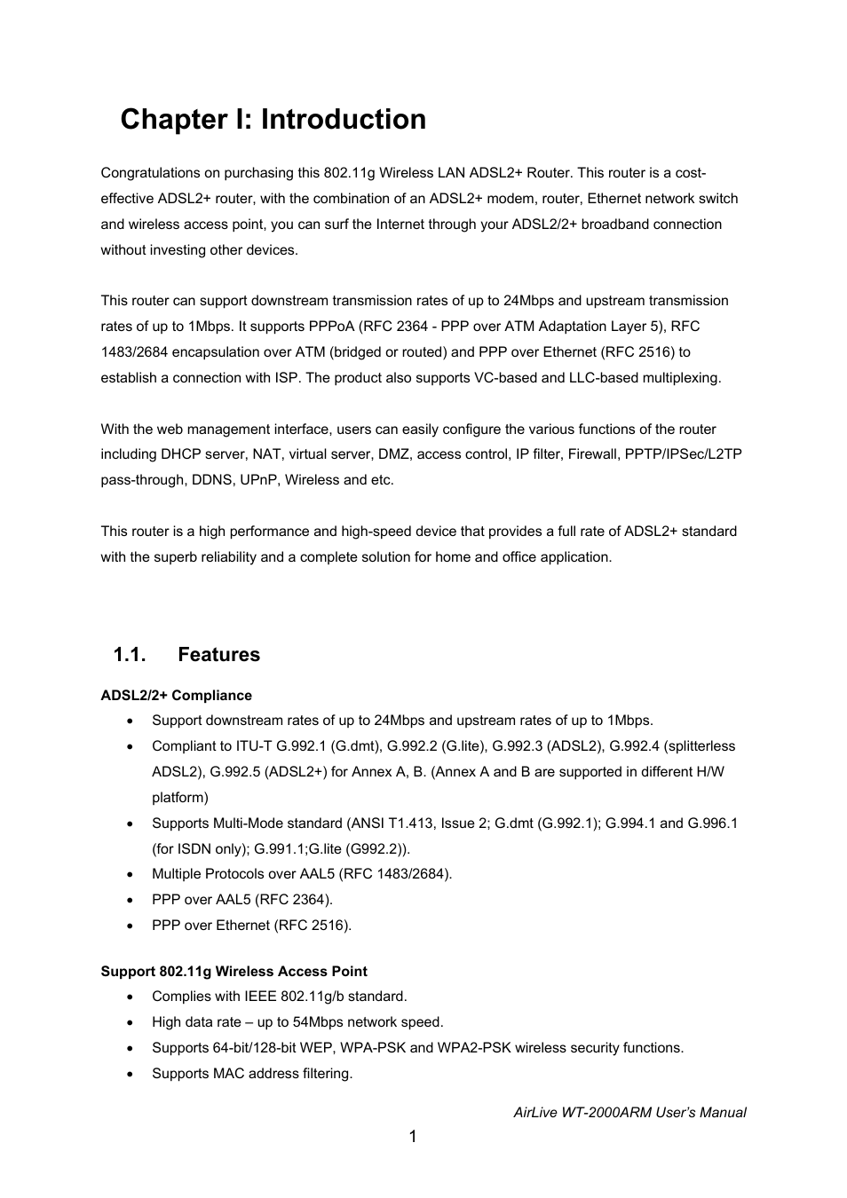 Chapter i: introduction, Features | AirLive WT-2000ARM User Manual | Page 6 / 65