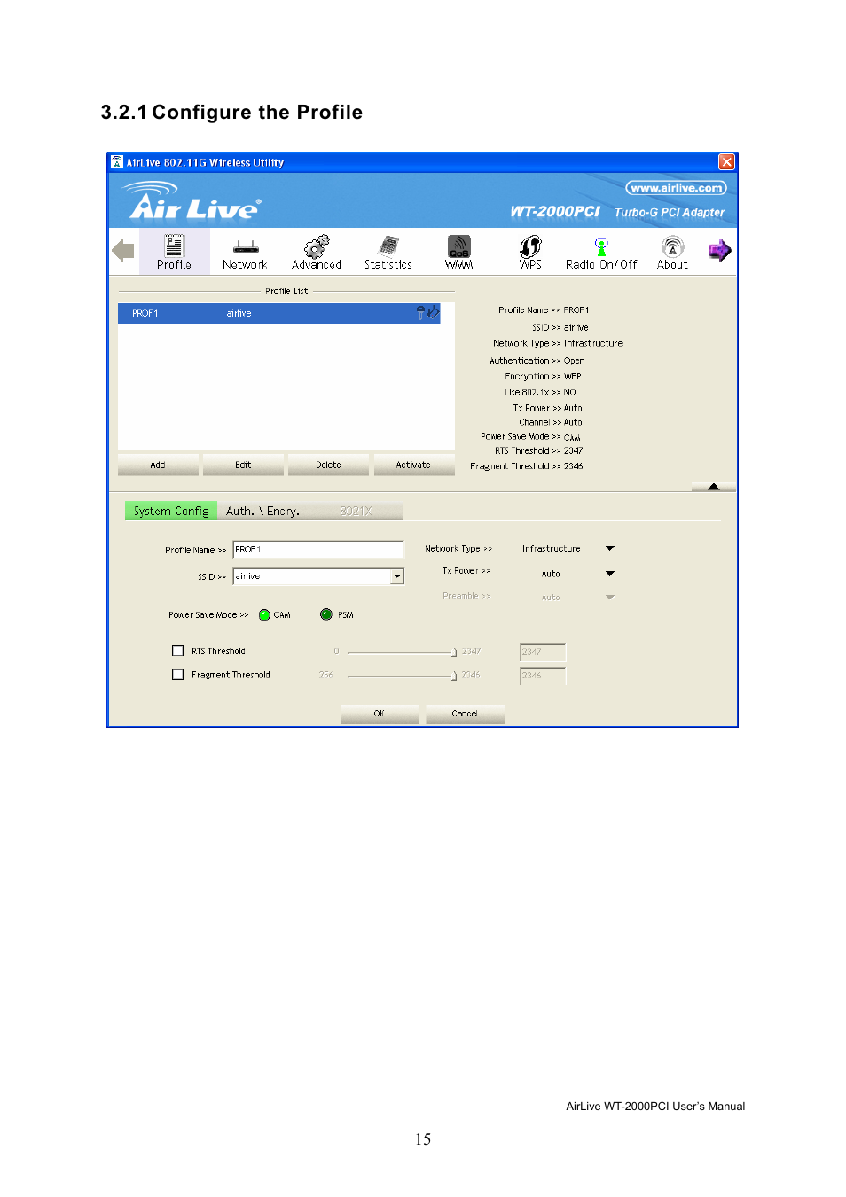 1 configure the profile | AirLive WT-2000PCI User Manual | Page 16 / 35