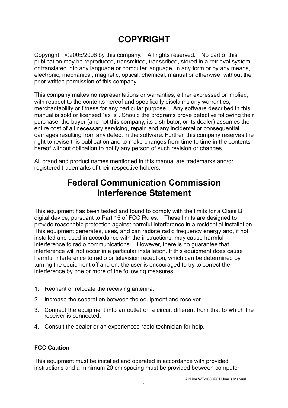 Copyright | AirLive WT-2000PCI User Manual | Page 2 / 35