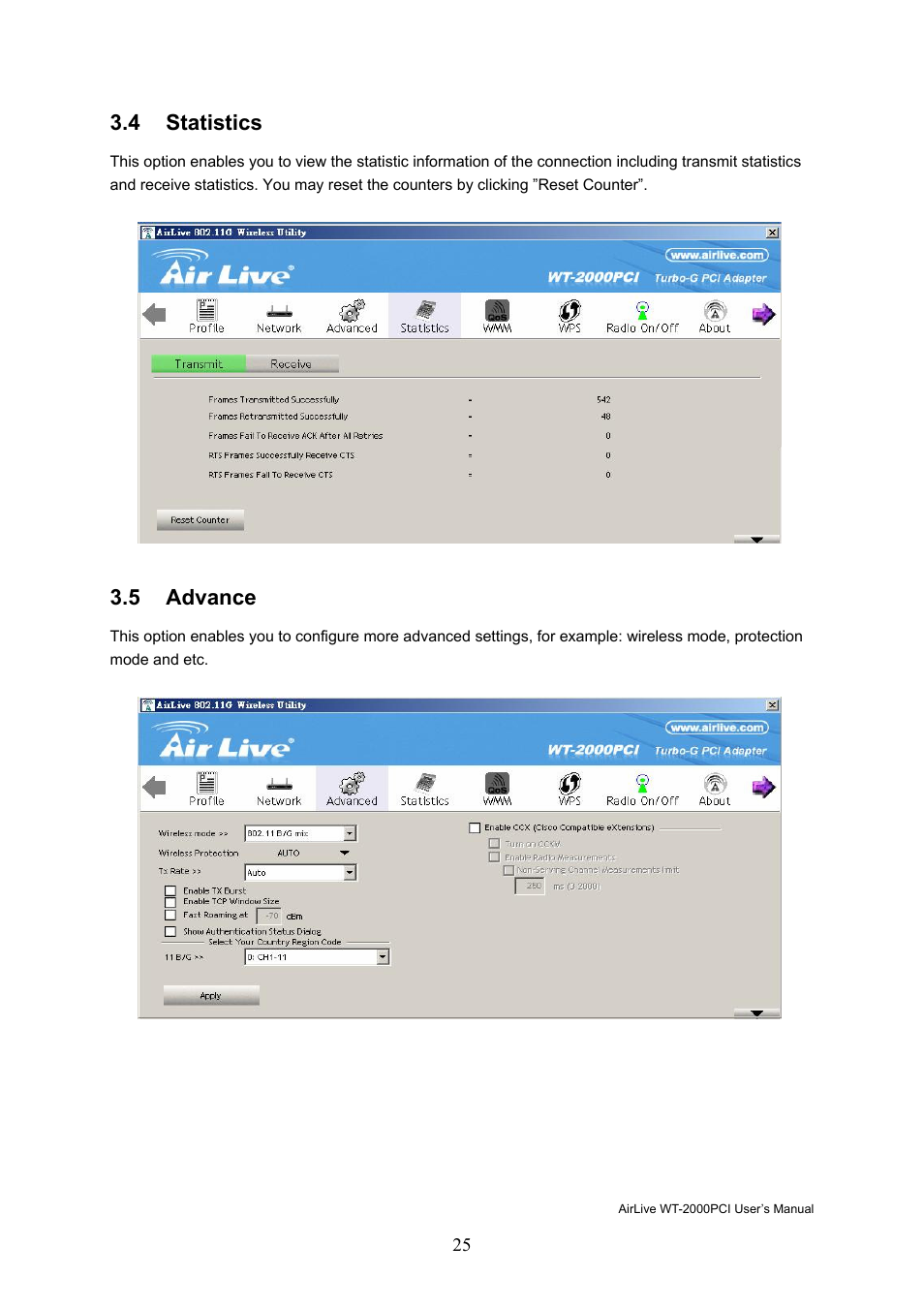 4 statistics, 5 advance | AirLive WT-2000PCI User Manual | Page 26 / 35