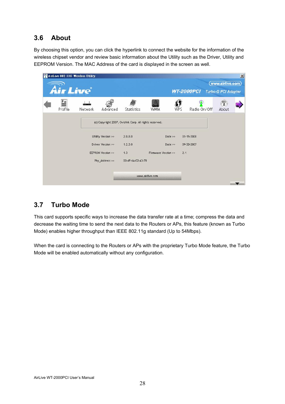 6 about, 7 turbo mode | AirLive WT-2000PCI User Manual | Page 29 / 35